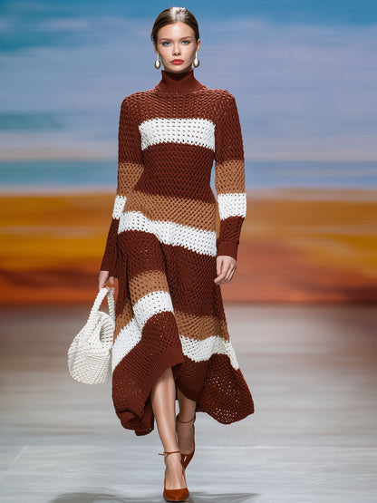 Robe Midi Tricotée Rétro à Rayures - Col Montant et Manches Longues