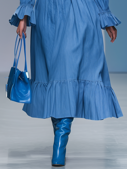 Robe Maxi en Jean à Manches Longues et Épaules Dégagées - Élégance Rétro