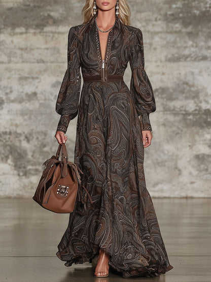 Robe Maxi Zippée au Charme Rétro à Motif Paisley