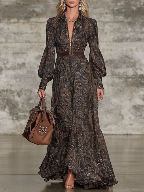 Robe Maxi Zippée au Charme Rétro à Motif Paisley