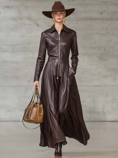 Robe Maxi en Cuir Marron Premium avec Fermeture Éclair Frontale et Manches Longues