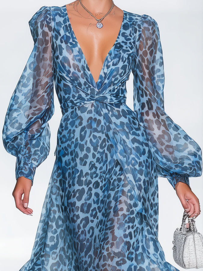 Robe Maxi Chiffon Bleu à Imprimé Léopard - Élégance et Style en 24 Heures, Manches Longues et Décolleté en V