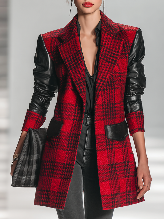 Veste mi-longue en patchwork de cuir synthétique à carreaux au style rétro