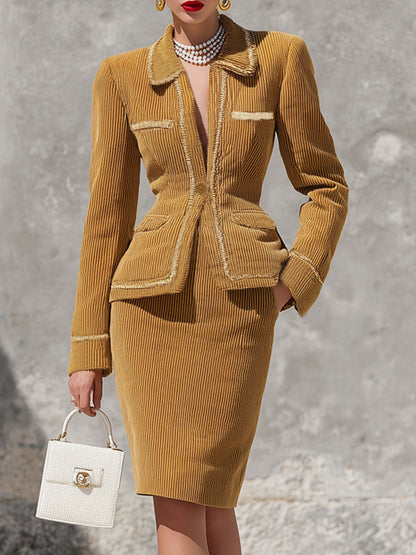 Veste en Velours Côtelé avec Ourlet Contrastant et Bouton Unique