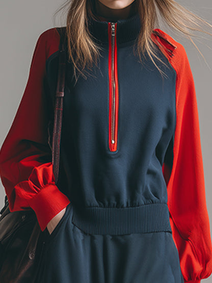 Chic et Sportif : Robe Maxi Sweatshirt à Manches Raglan Contrastées en Bleu Foncé