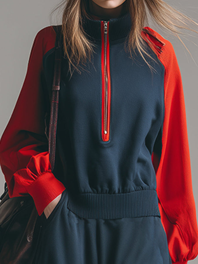 Robe Maxi Sport-Chic en Sweatshirt Bleu Foncé avec Manches Raglan Contrastées