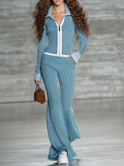 Ensemble Chic en Tricot : Haut Zippé à Manches Longues et Pantalon Évasé Contrasté
