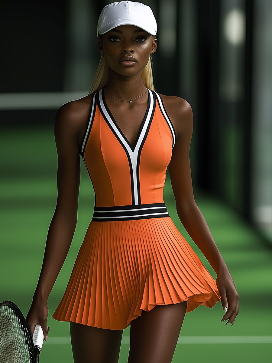 Robe Mini Plissée Orange Sans Manches avec Détails Noirs et Blancs - Expédition en 24 Heures
