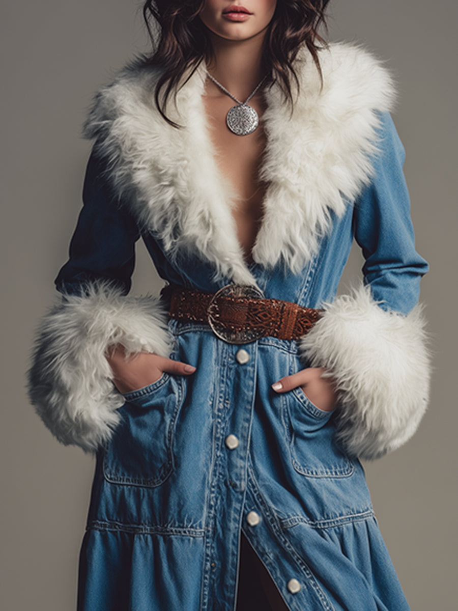 Maxi Robe en Jean Chic avec Col en Fourrure Synthétique Détachable - Style Western Élégant