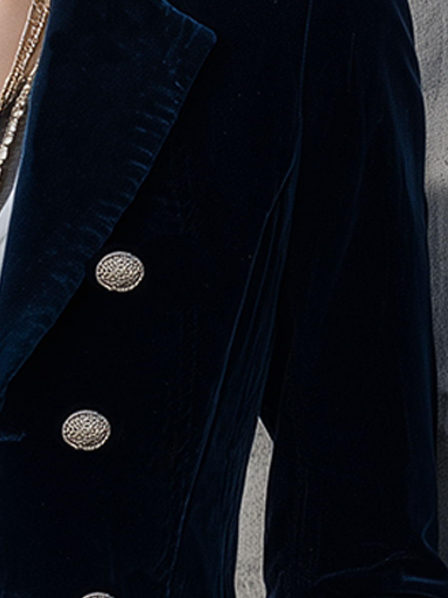 Veste Vintage en Velours Bleu Foncé à Double Boutonnage