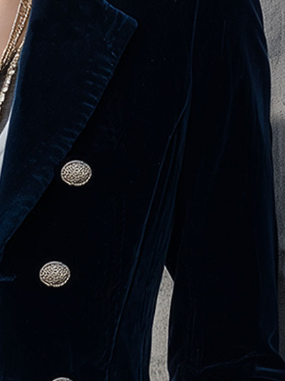 Veste Vintage en Velours Bleu Foncé à Double Boutonnage