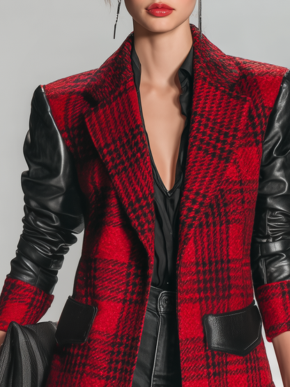 Veste mi-longue en patchwork de faux cuir à carreaux au style rétro