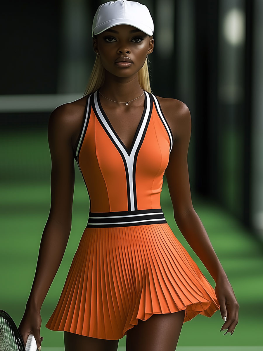 Robe Mini Plissée Sans Manches Orange à Rayures Noires et Blanches - Expédition Rapide en 24 Heures!