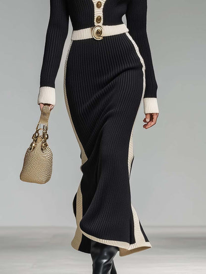 Robe Maxi Tricotée Noire Élégante avec Décoration V-Cou Contrastante et Boutons Frontaux - Style Rétro