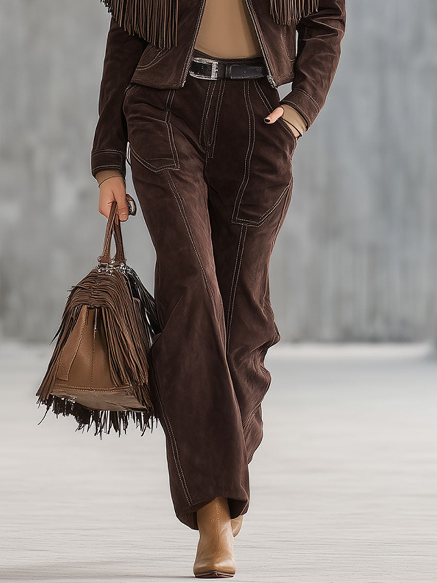 Ensemble Vintage Western en Suédine Cocoa Brun : Veste à Franges et Pantalon Droit