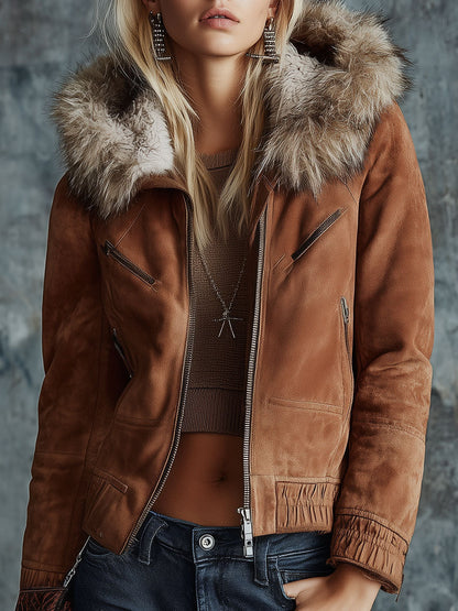 Veste Zippée en Suédine Marron avec Douce Finition en Peluche Vintage