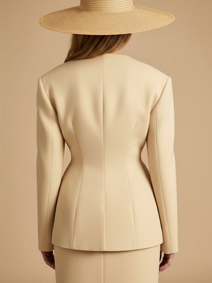 Chic Veste Cintrée en Laine Beige à Col V