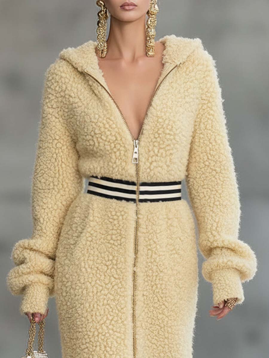 Exquisite Retro Sporty Hooded Midi Fleece Robe in Vibrant Yellow with V-Neck and Front Zipper