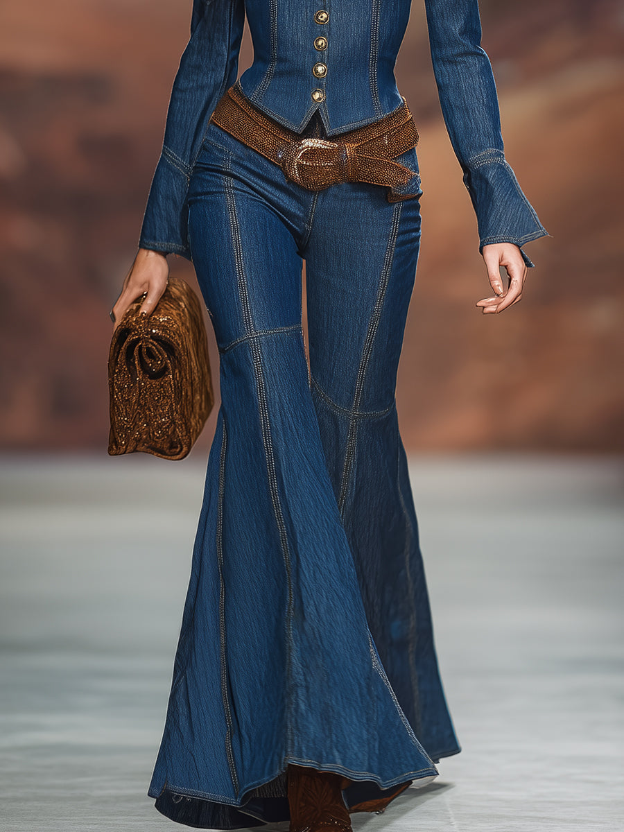 Ensemble Chic : Veste Boutonnée en Jean Bleu Foncé avec Col V et Pantalons Évasés