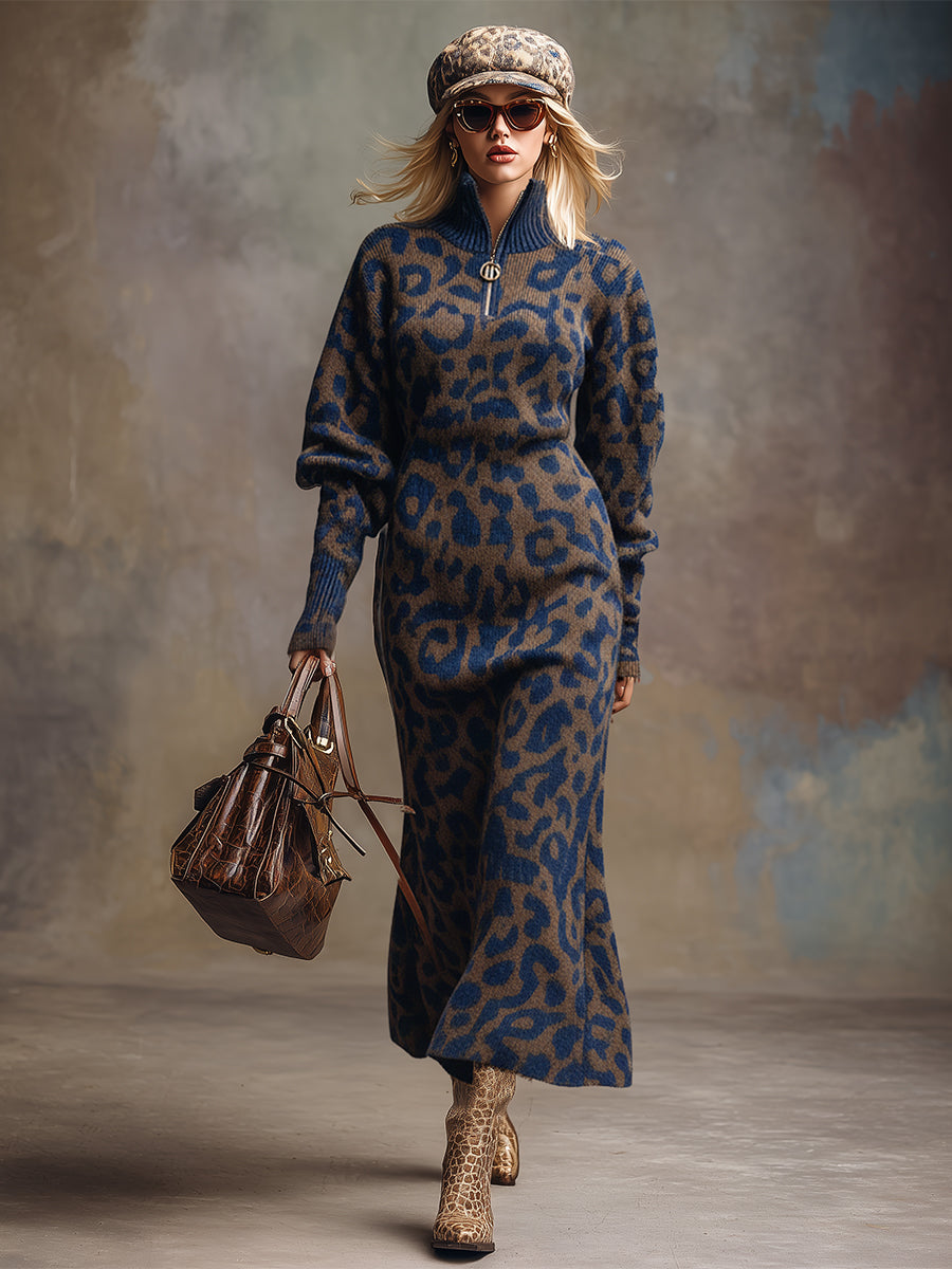 Robe Maxi Tricotée Imprimée Léopard Bleu et Marron - Style Ample et Élégant