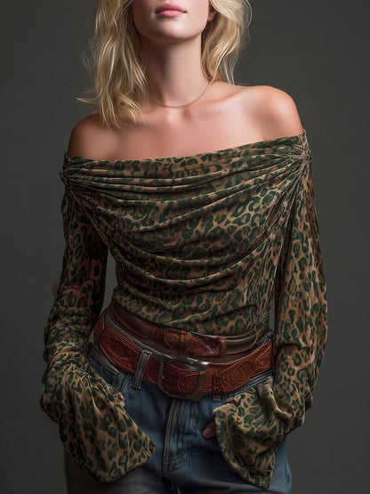 Top en Velours Imprimé à Épaule Dénudée et Décolleté Drapé - Élégance Haute Couture à Deux Styles