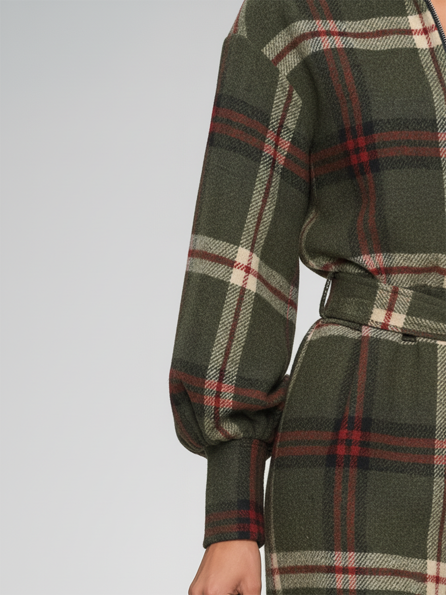 Robe Vintage à Carreaux avec Col Zippé et Manches Longues