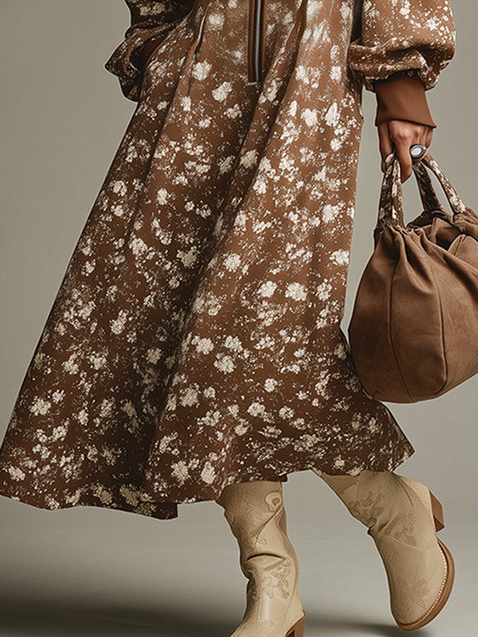 Robe Maxi Décontractée en Brun Imprimé avec Zip Demi-Ouvert - Style Rétro