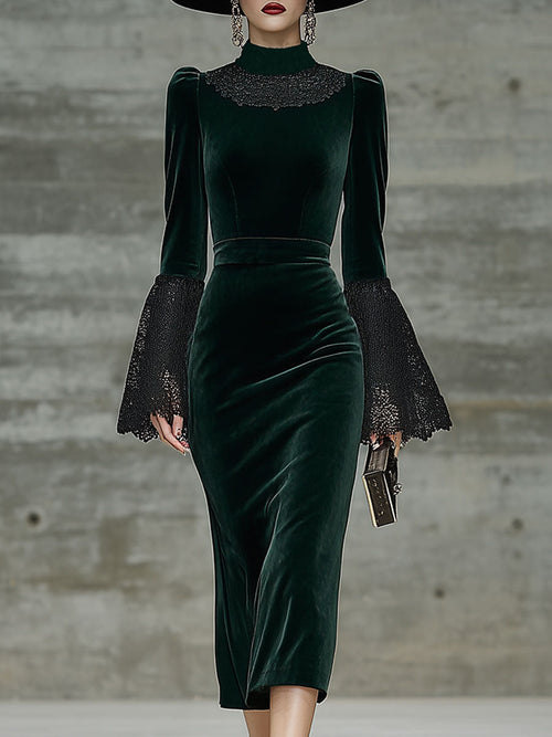 Robe Midi Vintage en Velours Vert avec Détails en Dentelle