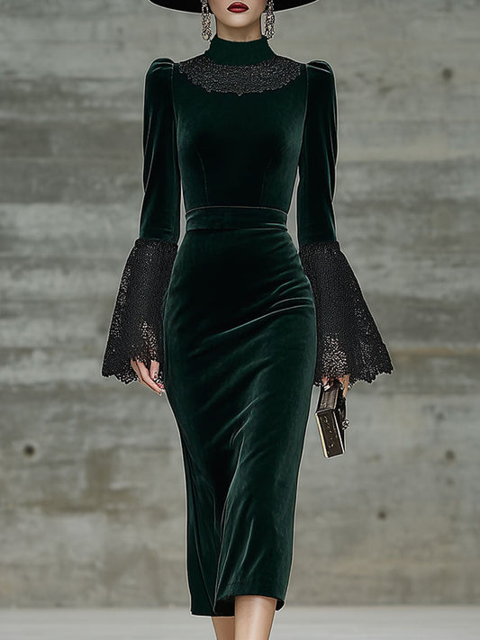 Robe Midi Vintage en Velours Vert avec Détails en Dentelle