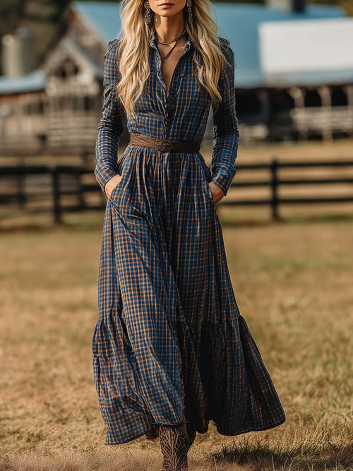 Robe Maxi Longue en Velours Retro Western à Motif Carreaux Bleus et Marron avec Détails à Lacets