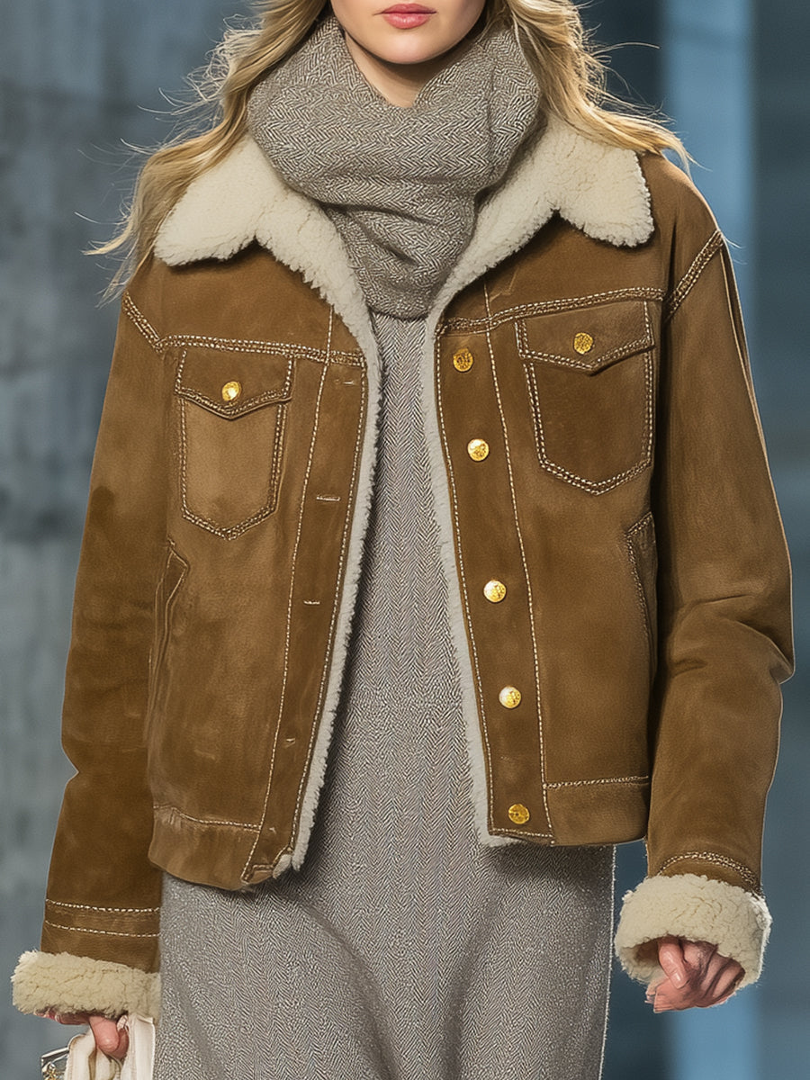 Veste Vintage en Similicuir Brun avec Revers