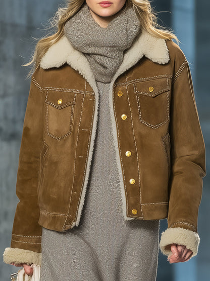 Veste Vintage en Simili Agneau Brun avec Col Élégant