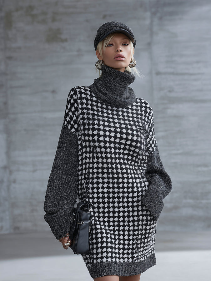 Robe Mini en Tricot Chic à Col Montant - Élégante Motif Pied-de-Poule Grise