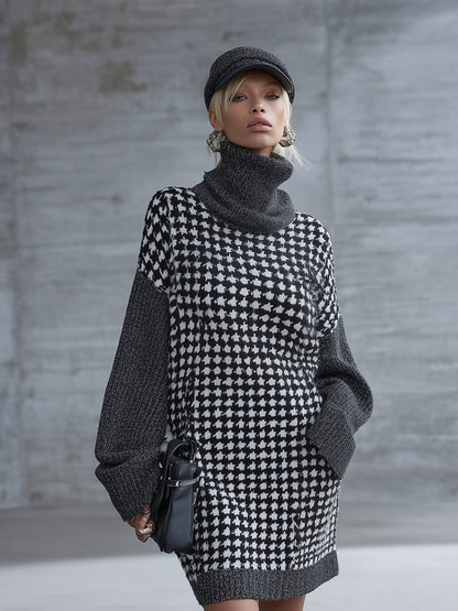 Élégante Robe Mini en Tricot Houndstooth Grise avec Col Montant