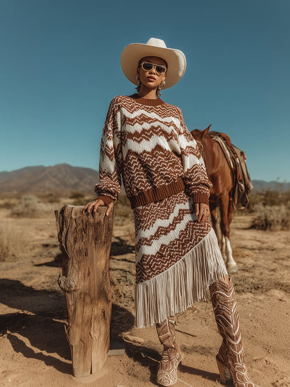 Ensemble Western Rétro : Pull Zigzag et Jupe Frangée