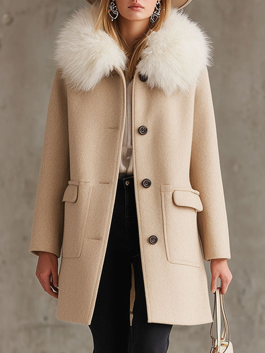 Chic Manteau Beige en Laine avec Col en Fourrure - Élégance et Chaleur Assurées