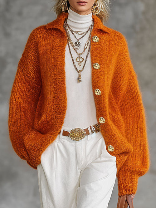 Cardigan Tricoté avec Col Orange et Boutonnage Élégant