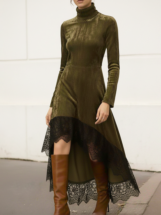 Robe Vintage en Velours Élégante avec Col Montant et Manches Longues, Finition en Dentelle