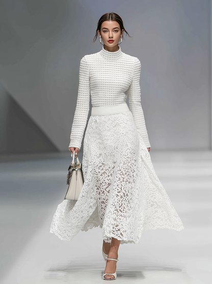 Ensemble Chic : Haut à Col Montant et Jupe A-Line en Dentelle à Manches Longues