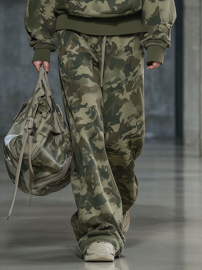 Ensemble Sweatshirt et Pantalon Large Camouflage avec Col en Fourrure Synthétique