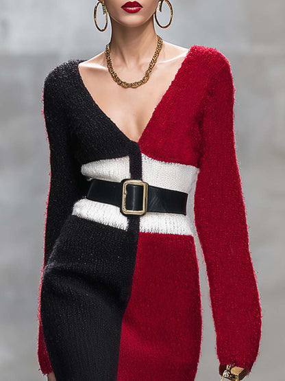 Robe Midi Tricotée à Col V en Blanc, Noir et Rouge avec Fente Élégante