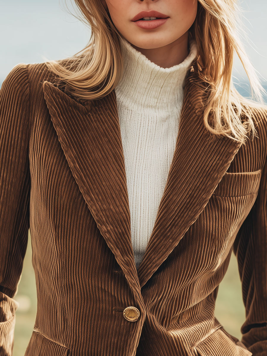 Élégant Blazer Rétro en Velours Côtelé avec 3 Poches et Boutonnage Simple