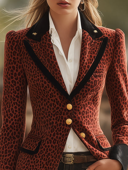 Veste en Velours Marron avec Imprimé Léopard au Style Western Rétro