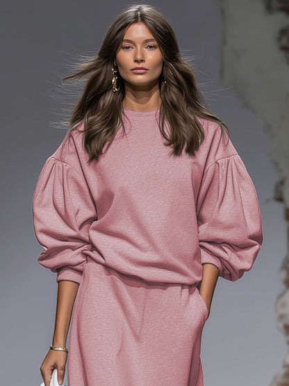 Ensemble Rétro : Sweatshirt Col Rond et Jupe à Manches Bouffantes en Rose