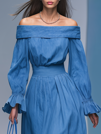 Robe Maxi en Jean à Manches Longues et Épaules Dégagées - Élégance Rétro