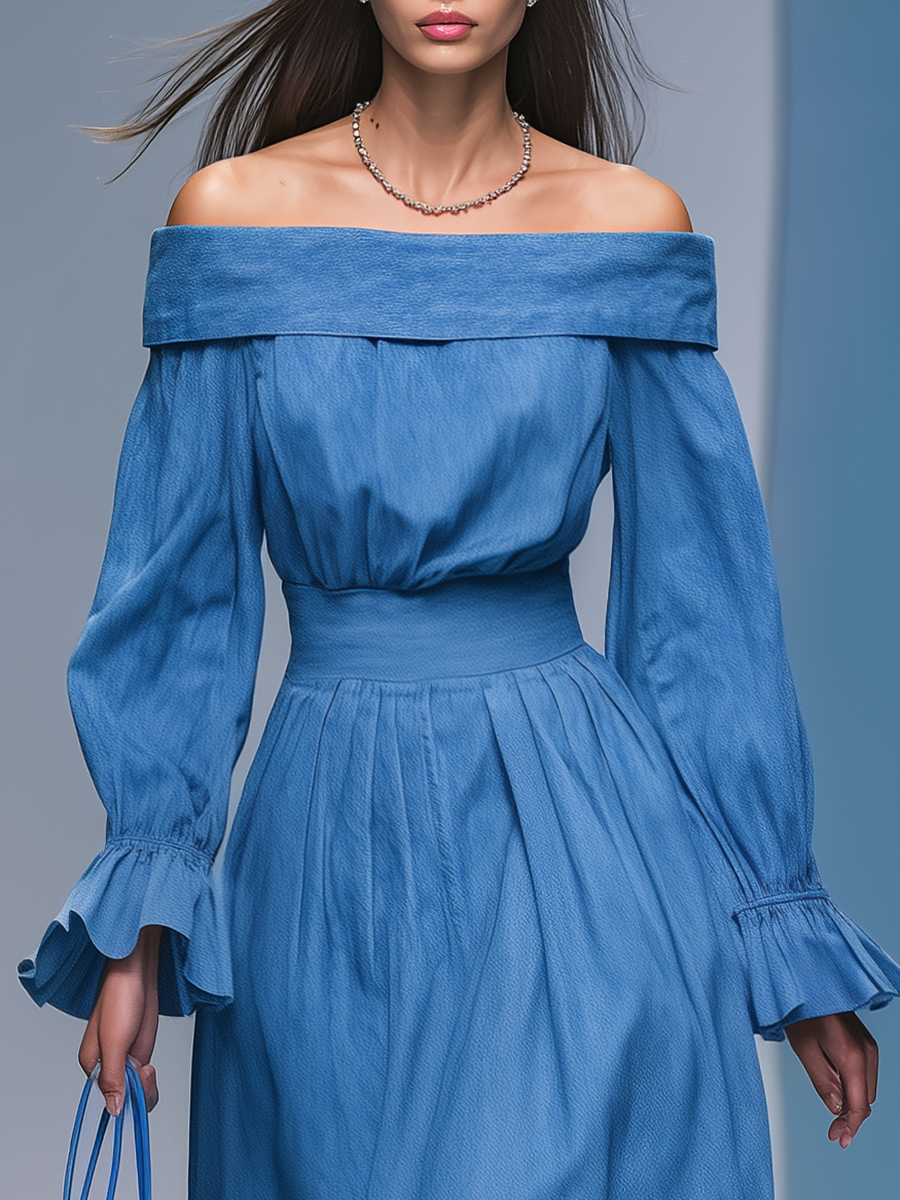 Robe Maxi Rétro en Denim à Manches Longues Dénudées