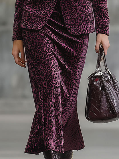 Jupe Midi en Similicuir avec Imprimé Léopard Violet Vintage et Détails en Velours