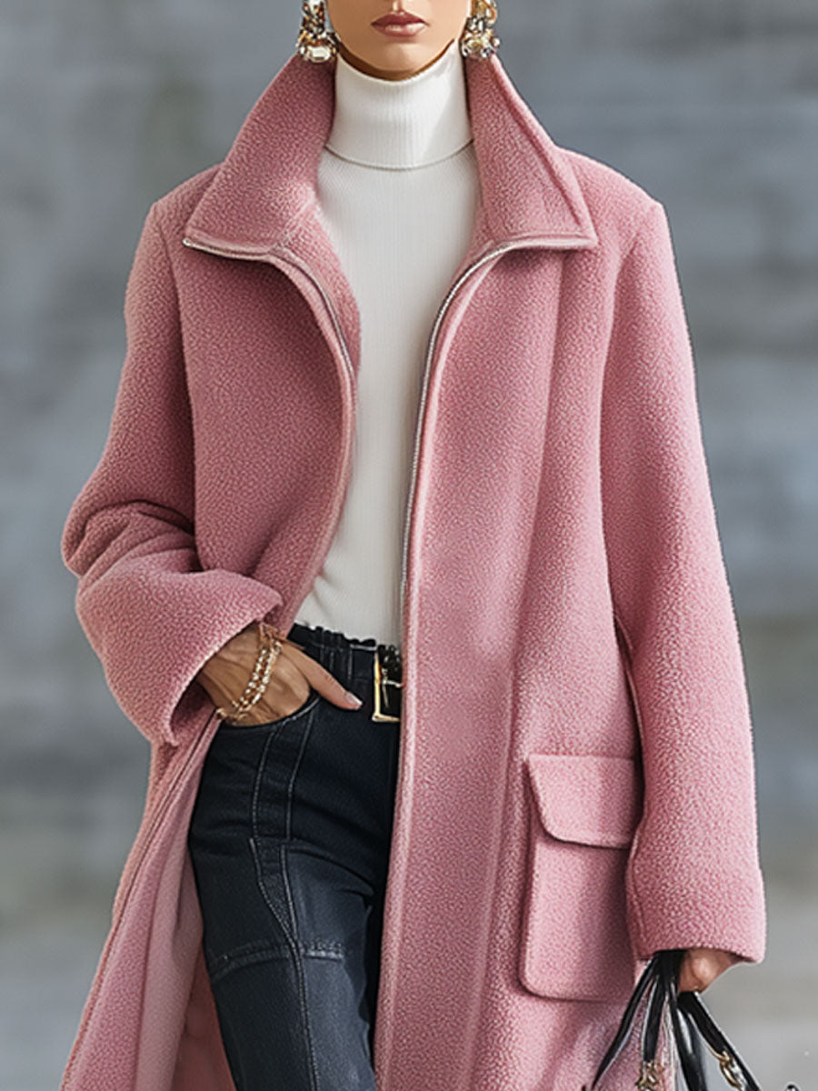 Veste Longue en Polaire Rose Rétro avec Zip – Style Décontracté