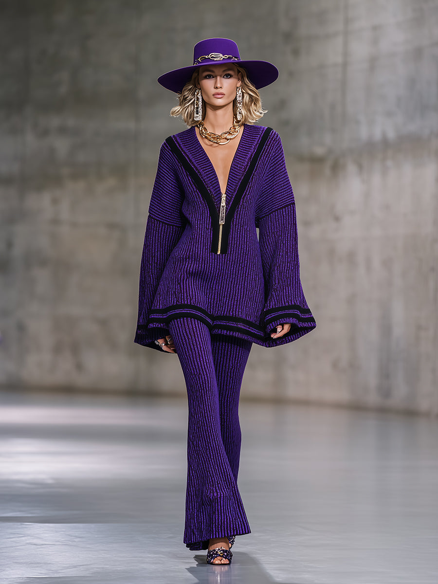 Chic et Tendance : Ensemble Haut Tricoté à Demi-Zip et Pantalons Évasés Violets