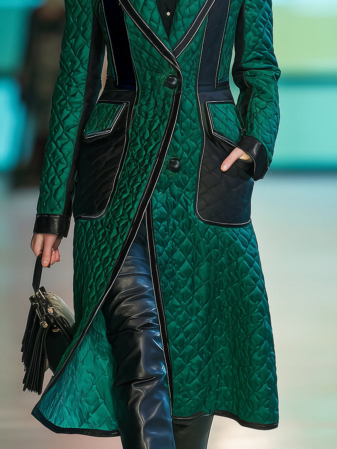 Chic Manteau Matelassé Vert Foncé avec Bord Noir